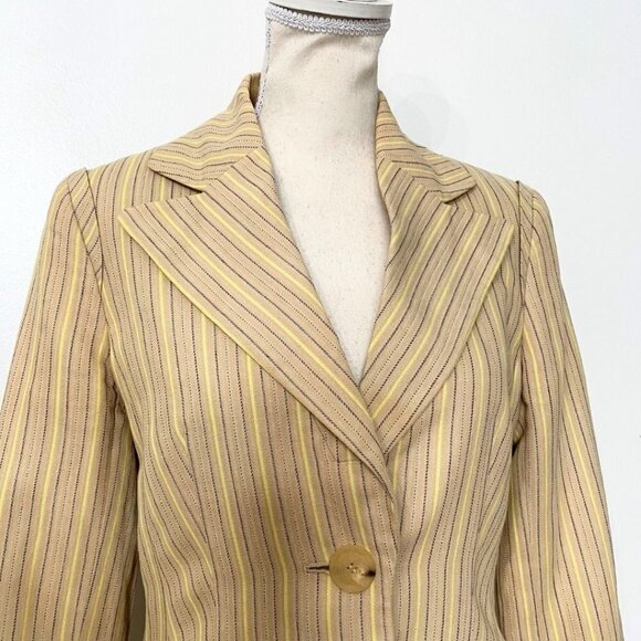 ESCADA LINEN BLEND BEIGE BLACK YELLOW STRIPED PEAK LAPEL MID-LENGTH BLAZER - 4 - Picture 5 of 12
